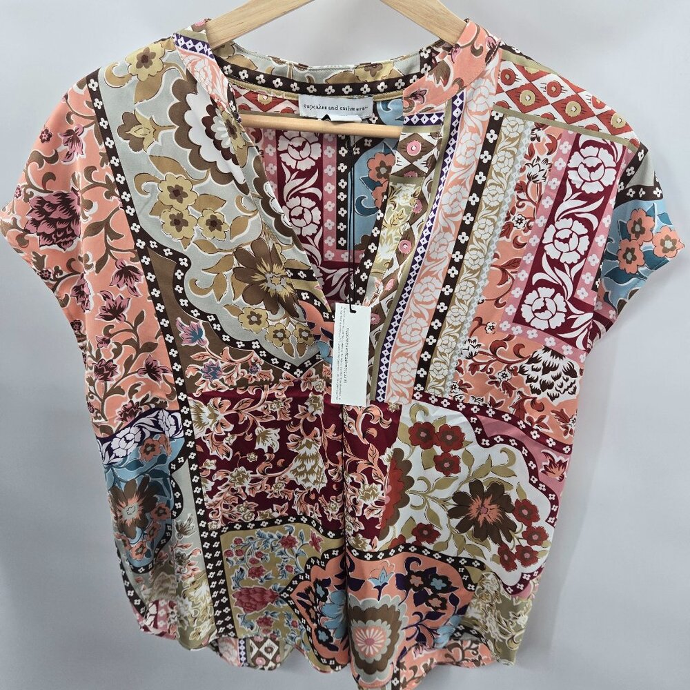 Cupcakes and Cashmere Multipattern Patchwork Boho V-Neck Satin Cap Sleeve Blouse